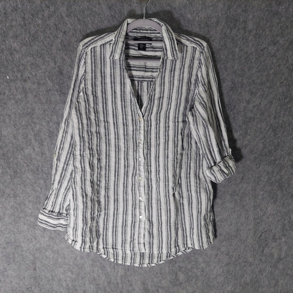 Tahari Linen Button Down Tunic M Gray Coastal Striped Roll Tab Sleeve Breathable